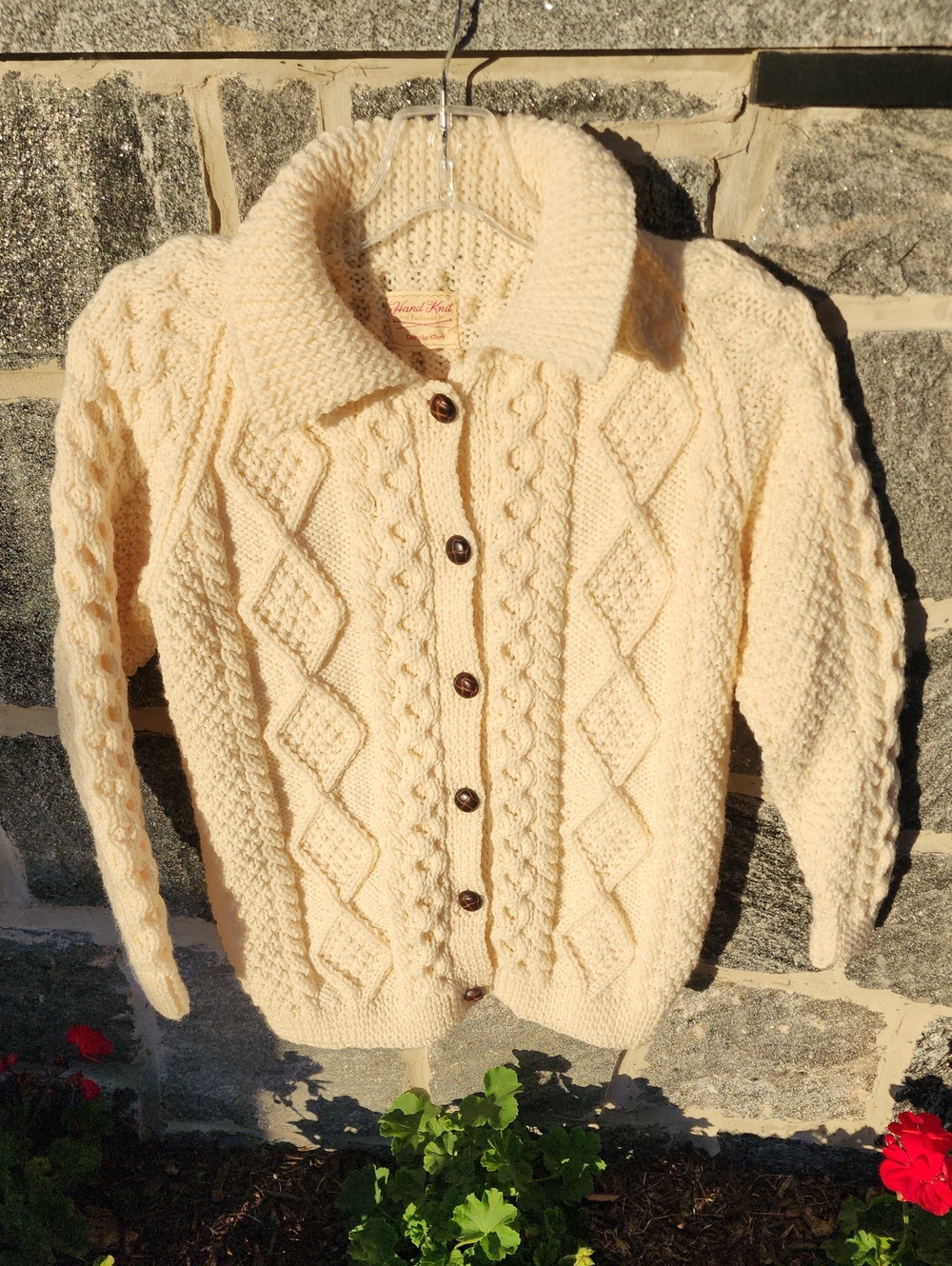 Cream Hand-Knit Cable Knit Button-Front Sweater with Collar